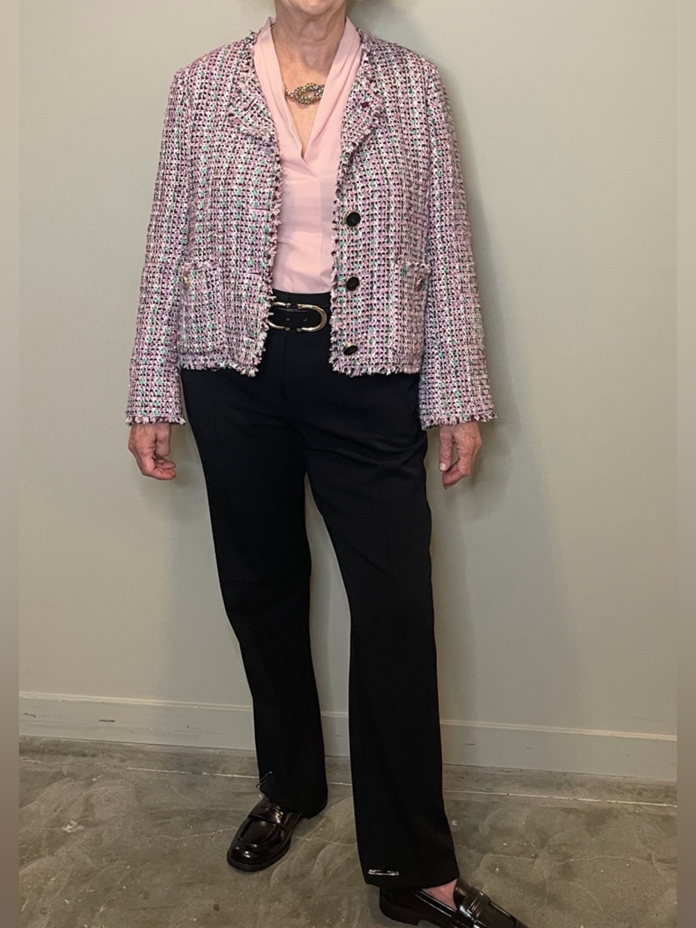 kate spade Pink & Green Tweed Frayed-Trim Cropped Jacket